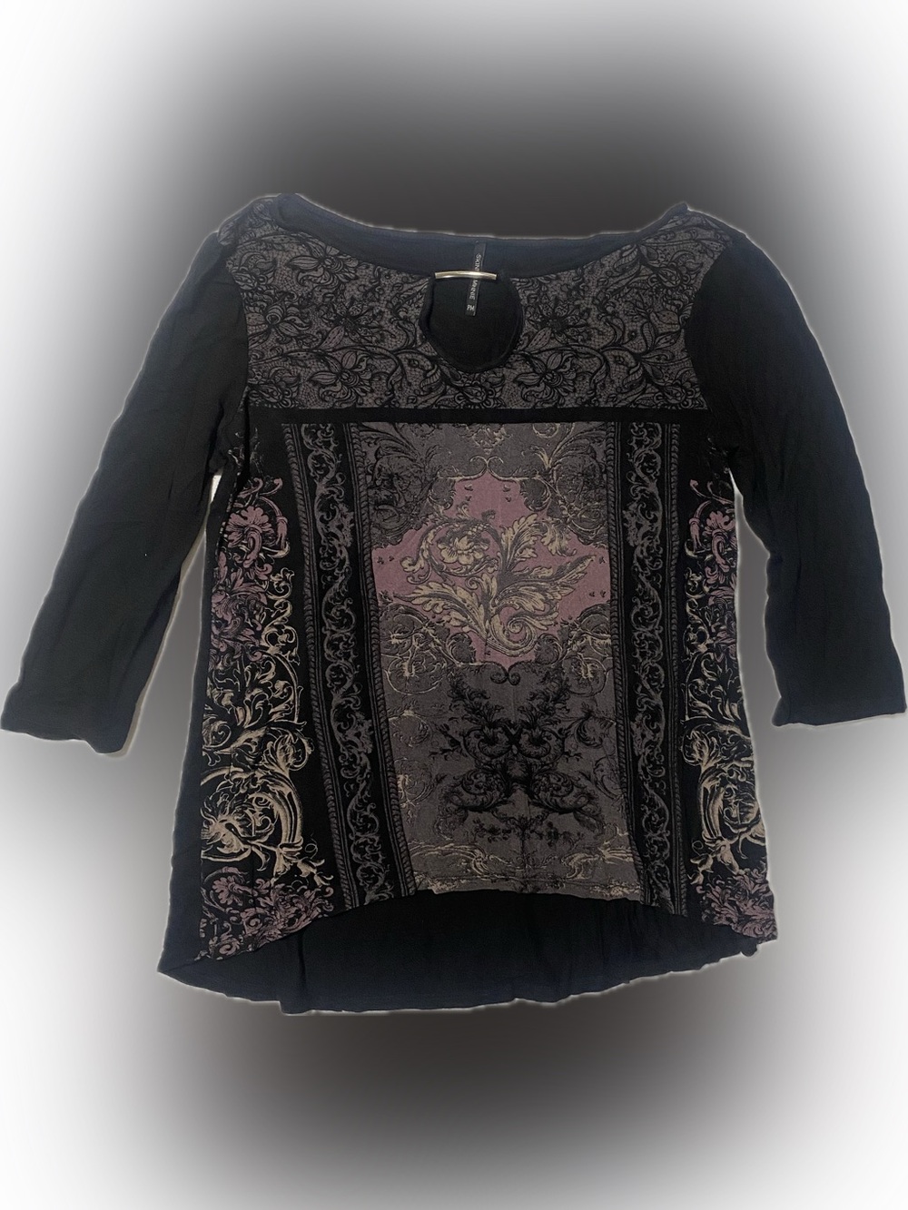 Skinny Minnie Black Top with Purple and Cream Damask Print